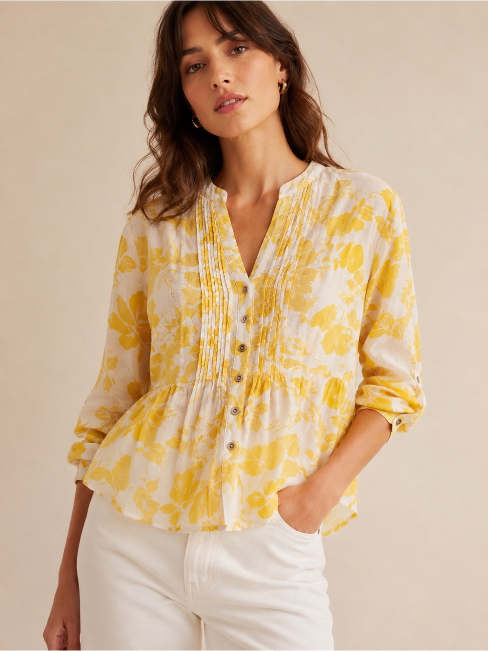 Anthropologie Maeve Yellow Floral Pintuck Wood Button Blouse Lightweight Cotton‎